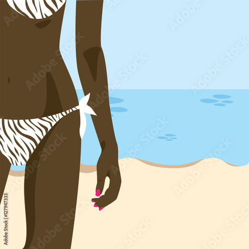 Close up of a beautiful black women in a swim suit, with white skin. Vector image.