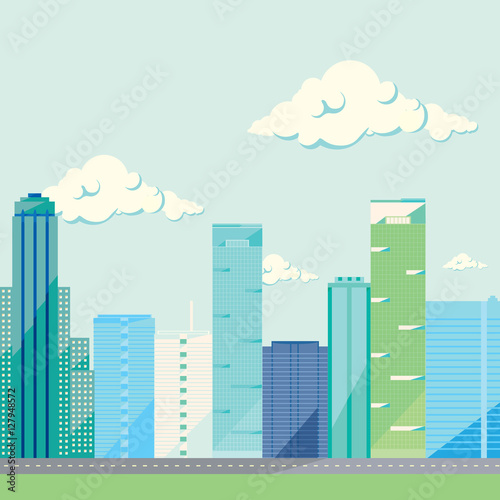 "City design collection: many colorful skyscrapers on sky with clouds background.  Vector illustration, flat design, green, blue, and violet icons"