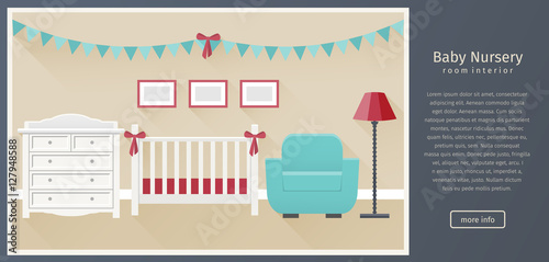 Banner of baby nursery room interior with white furniture in flat style with long shadows. Modern children's bedroom design. Background. Vector illustration.