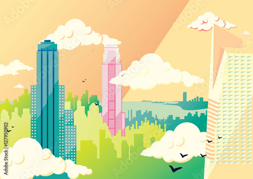 New York flat illustration  the Empire State Building and the skyscrapers of Manhattan skyline. Vector colorful image  pastel colors