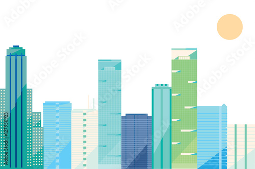City design collection: many colorful skyscrapers isolated on white background, Vector illustration, flat design, green, blue, and violet icons