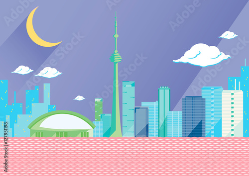Toronto skyline by night, flat vector illustration. On the seaside, some of the tallest skyscrapers in the Canadian city: CN tower, first Canadian Place, the skydome. Half shaped moon and violet sky