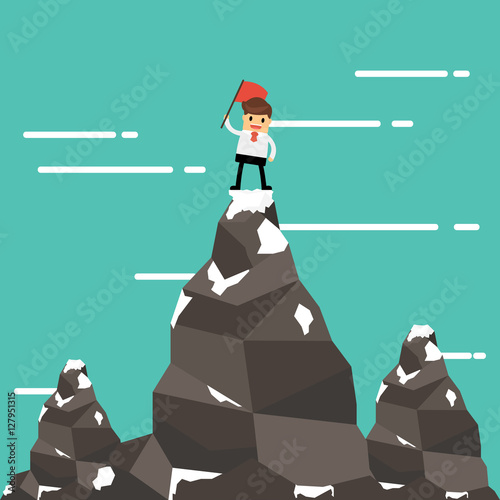 Businessman on a Mountain peak, success and mission. Flat style.