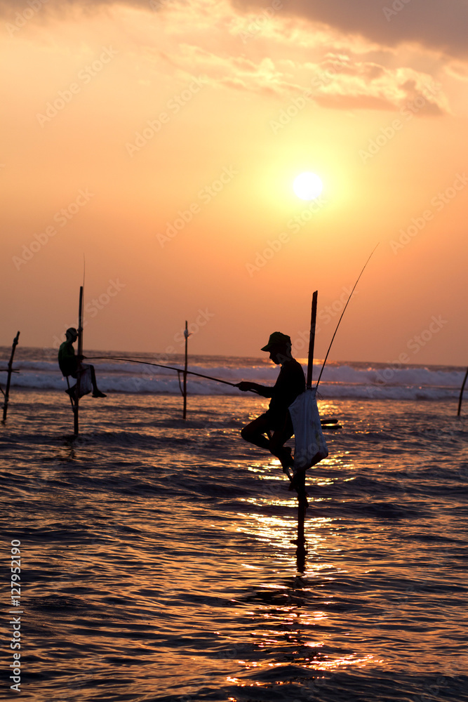 Silhouettes of the traditional fishermen at the sunset near Galle in Sri Lanka
