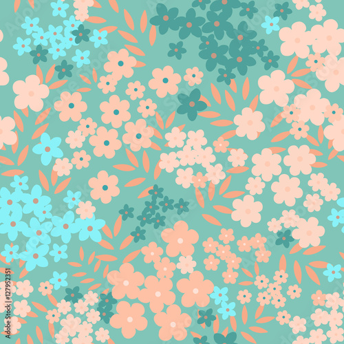 Flowers and leaves in pink and turquoise. Seamless vector pattern.