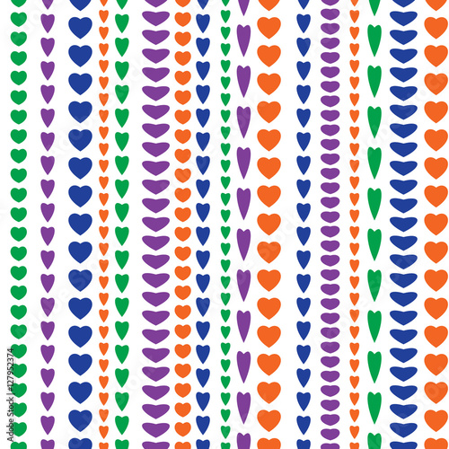 Lines of hearts seamless pattern. Different colors on white. Design for textile, wrapper, scrapbooking, valentine's card. Vector illustration.
