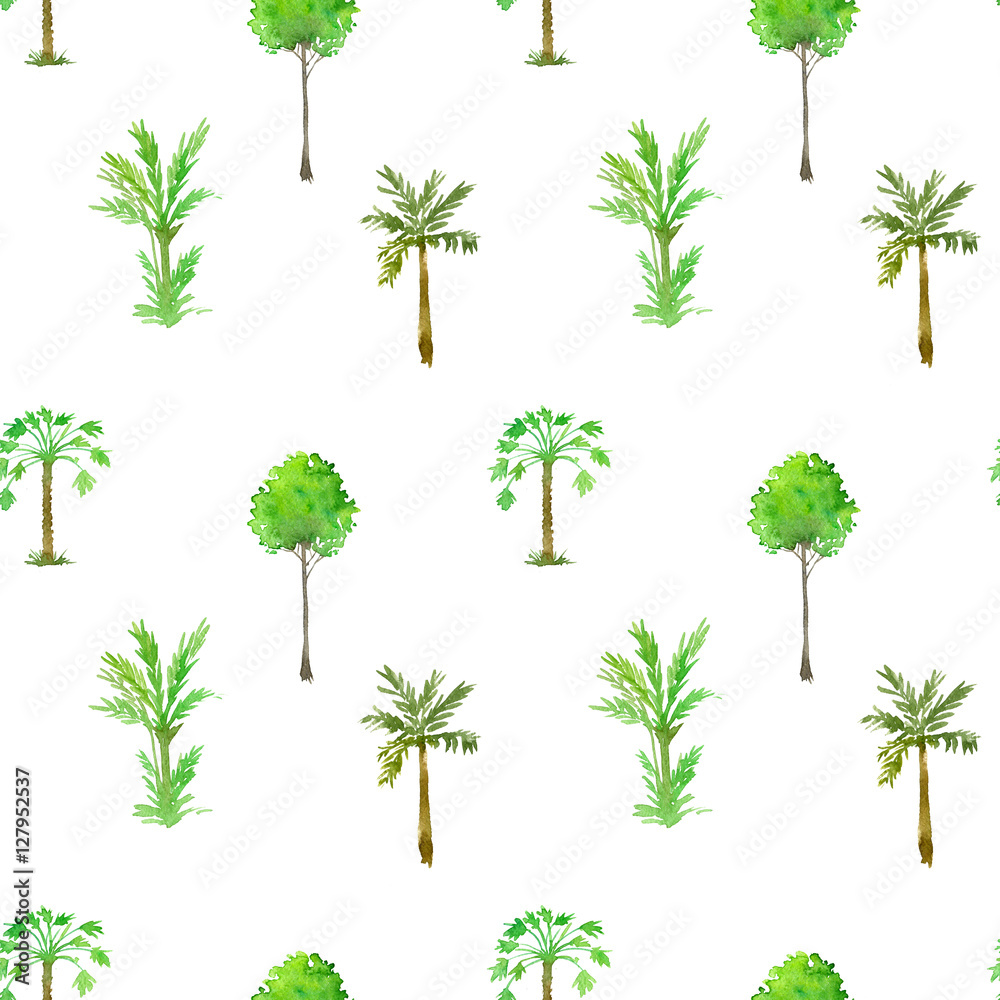 seamless pattern with palm trees drawing by watercolor