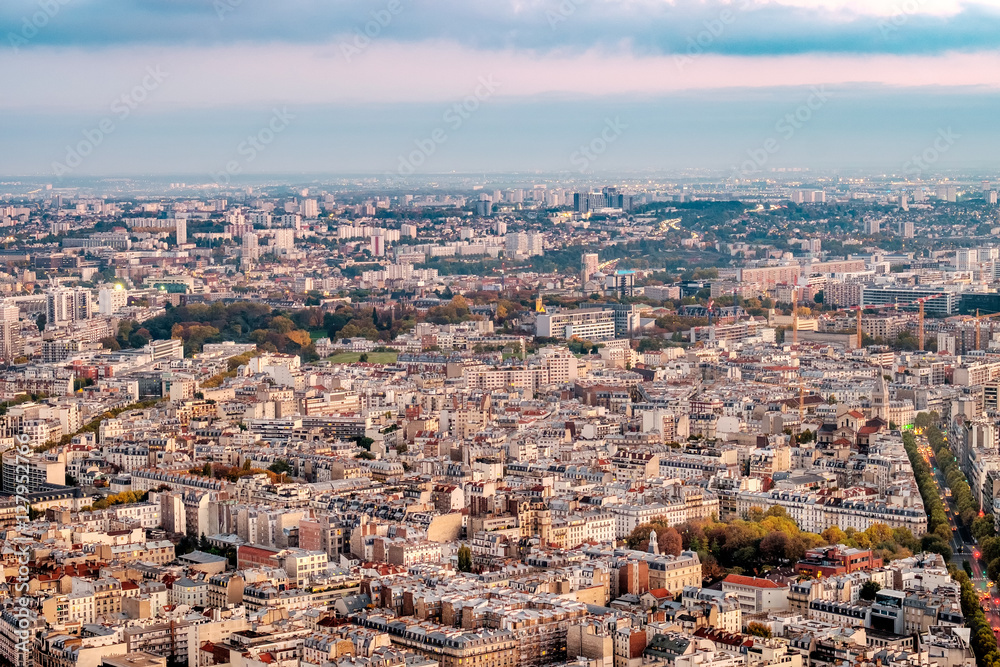 Aerial view of Paris, France  in late autumn.