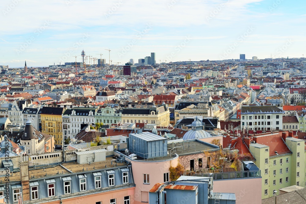 Aerial scenic panoramic view of Vienna seen from Haus des Meeres in Austria