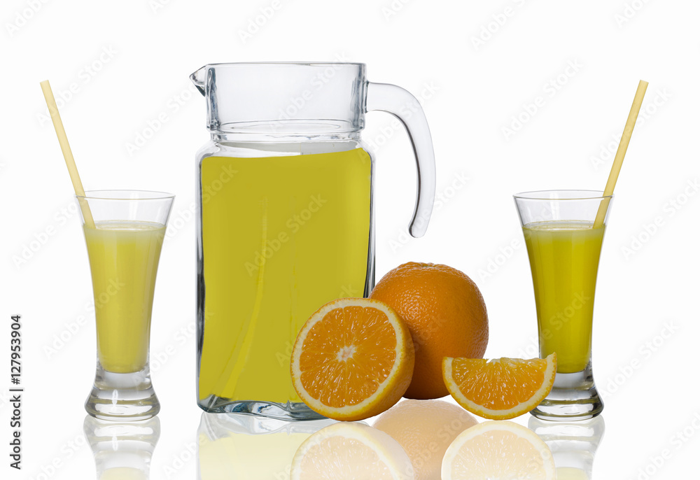 decanter and two glass of juice, orange on white background decanter and two glass of juice, orange on white background