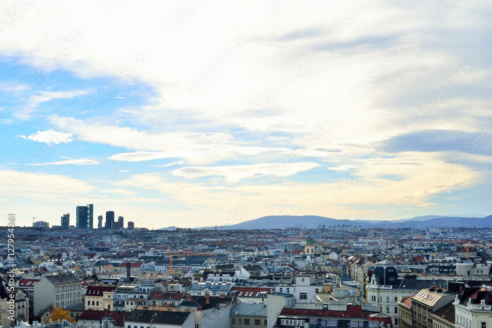 Aerial scenic panoramic view of Vienna seen from Haus des Meeres in Austria