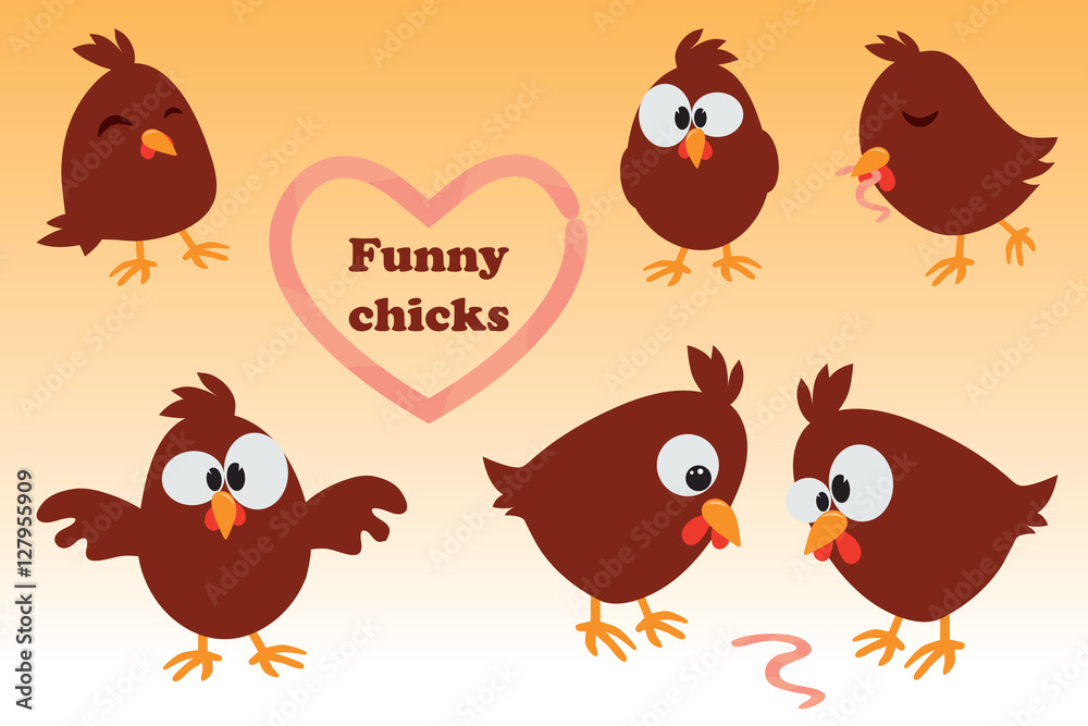Cute cartoon set Chicken. Funny brown  in different positions, vector illustration.
