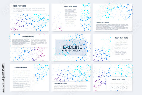 Big set of vector templates for presentation slides. Modern graphic background structure molecule and communication. Scientific pattern atom DNA. Medical, science, chemistry design.