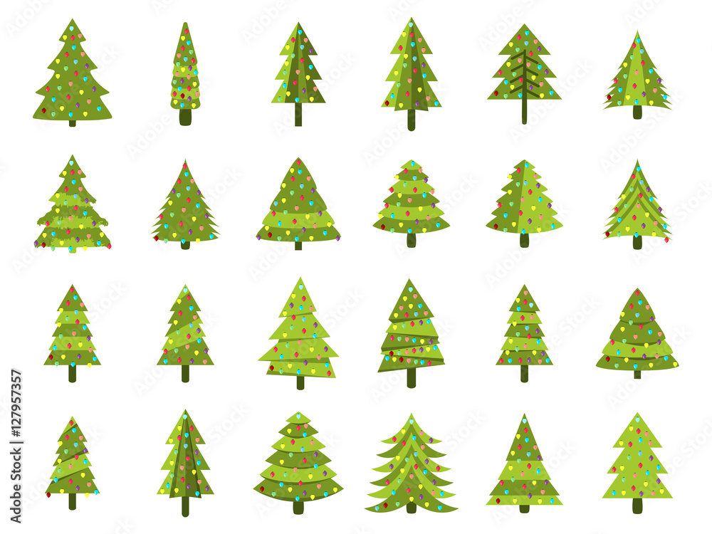 Christmas trees in a flat style. Decorated Christmas Tree. Fir trees isolated on white background. Vector icons.