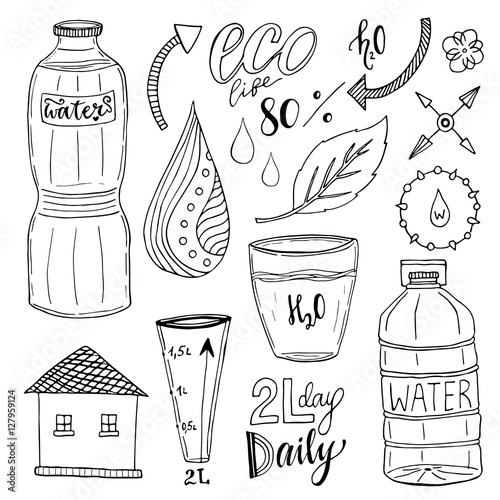 Vector hand drawn set of water and recycle icons. Healthy collection with water bottles. Drink more water concept