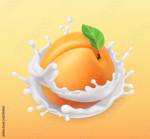 Apricot and milk splash. Fruit and yogurt. Realistic illustration. 3d vector icon