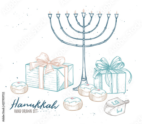 Hand drawn vector illustration - Hanukkah. Jewish Holiday. Set o