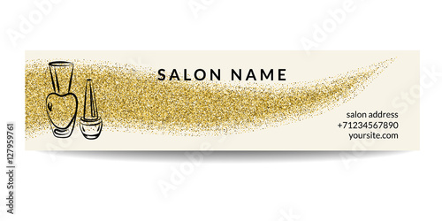 Nail polish banner with golden glitter texture. Manicure design with shiny sparkles. Fashion template for beauty salon or nail artist design. Magazine and web advertisement. Vector EPS10 illustration.