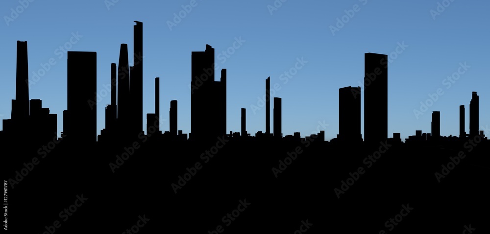 3d skyline of a city, silhouette over blue sky