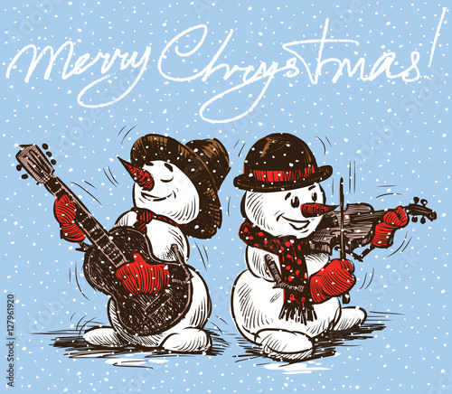 christmas card with the musicians snowmen