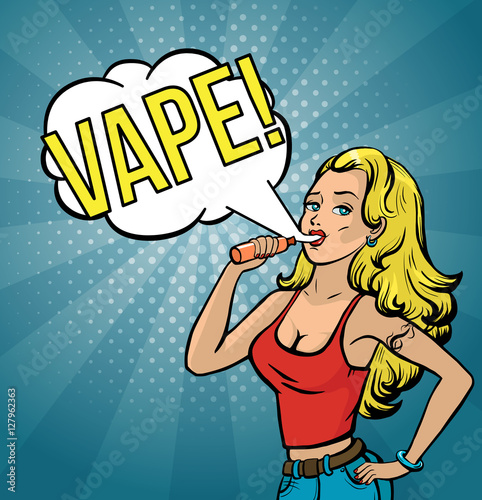 Blond girl smoking electronic cigarette pop-art poster. Beautiful girl with vaporizer and vapor cloud. Vector illustration