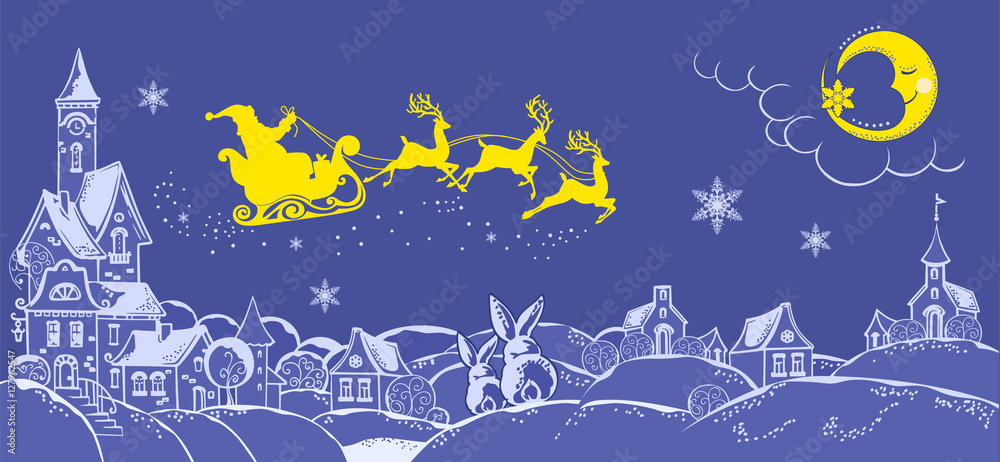 Silhouette of Santa Claus in sleigh with reindeer over city. New year card or poster. Family holiday and waiting for gift. Good fairytale wizard. Spirit of Christmas. Fabulous snow-covered landscape.