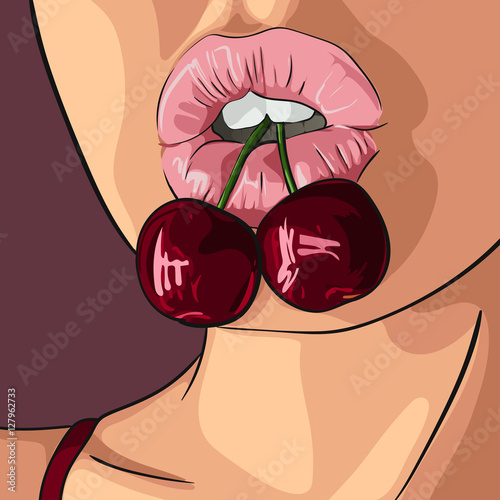 Woman with beautiful lips biting cherry. Vector illustration