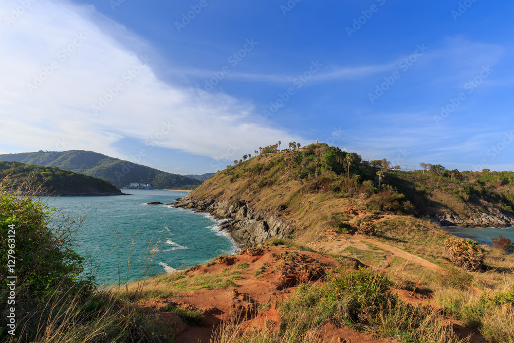  Promthep cape with blue sky background in Phuket, Thailand 