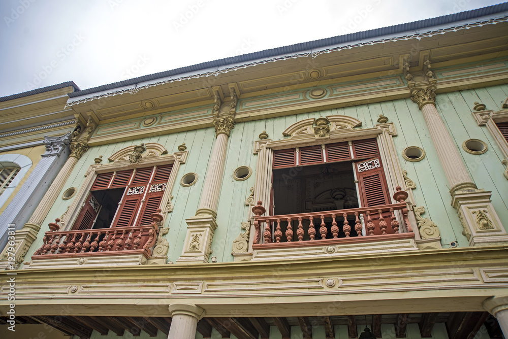Replica of 19th century balconies and windows, at a National Park in Guayaquil, Ecuador