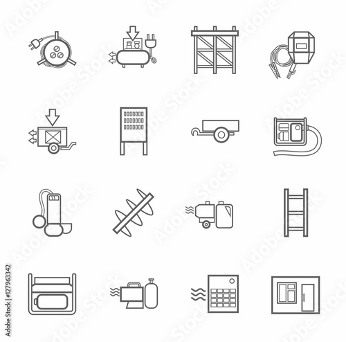 Electric equipment and construction equipment, contour icons, monochrome. Gray, vector linear image electric, gas, and construction equipment on a white background. 