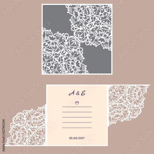 Wedding invitation or greeting card with abstract ornament. Vector envelope template for laser cutting. Paper cut card with silhouette. Cutout silhouette panel. Cutting file
