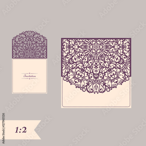 Wedding invitation or greeting card with abstract ornament. Vector envelope template for laser cutting. Paper cut card with silhouette. Cutout silhouette panel. Cutting file