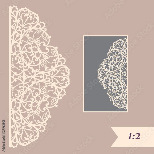 Wedding invitation or greeting card with abstract ornament. Vector envelope template for laser cutting. Paper cut card with silhouette. Cutout silhouette panel. Cutting file