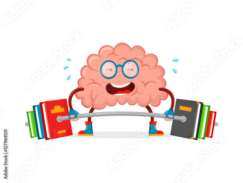 train your brain. brain vector cartoon flat illustration fun character creative design. education,science,smart, brain books fitness concept.train lifts with book barbell. isolated on white background