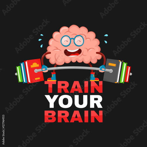 train your brain. brain vector cartoon flat illustration fun character creative design. education,science,smart, brain books fitness concept.train lifts with book barbell. isolated on black background