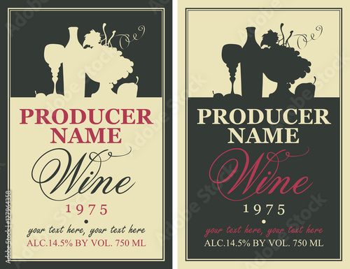 wine label with the silhouette of a still life from bottles and bowl of fruit