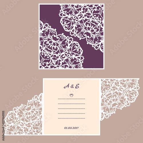 Wedding invitation or greeting card with abstract ornament. Vector envelope template for laser cutting. Paper cut card with silhouette. Cutout silhouette panel. Cutting file