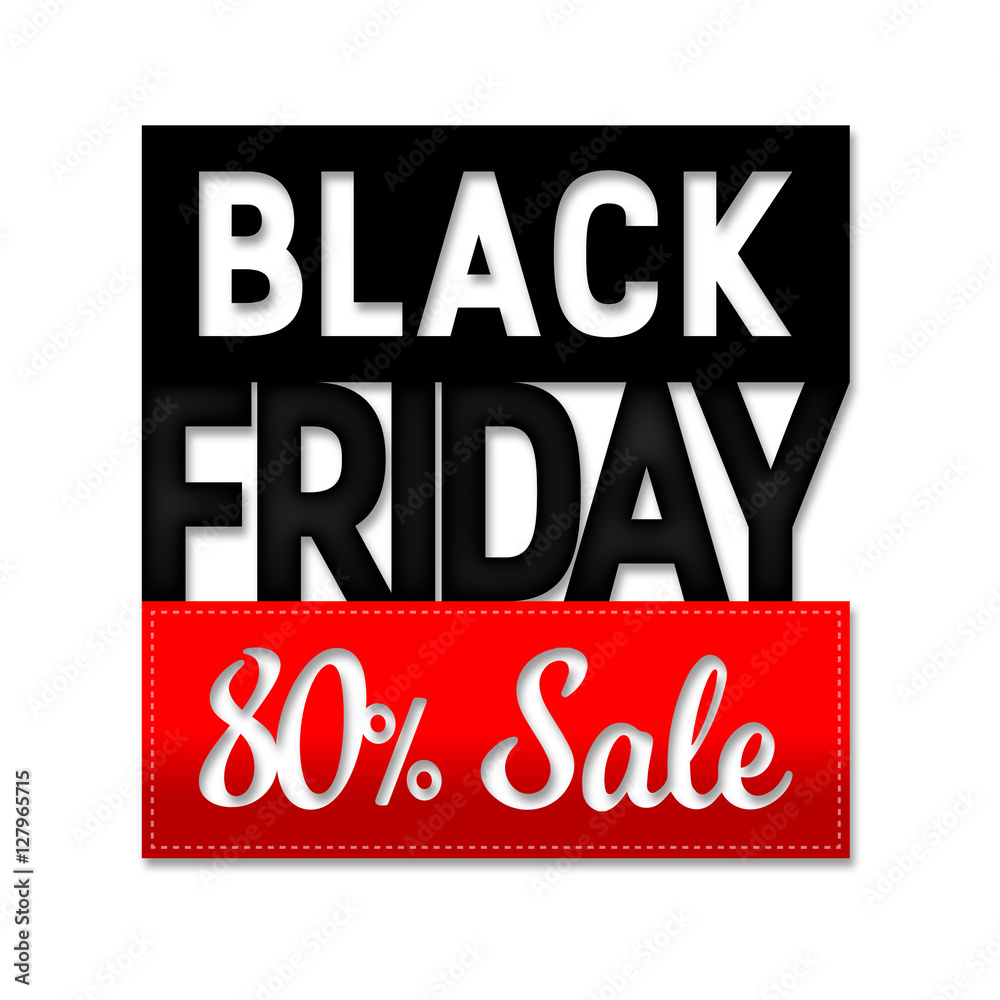 Black friday sale design template. Vector banner illustration, advertising. Red tag 80% sale with soft shadow.