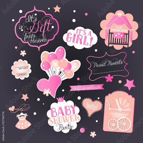 Baby Girl Shower vector Set with greeting design elements