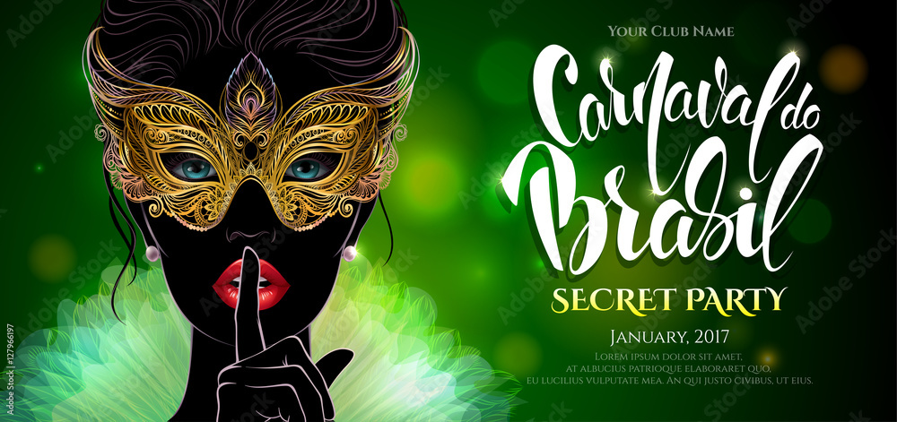 Vector Illustration. Carnival in Rio. A mysterious lady in carnival mask put a finger on lips in a hush gesture. Beautiful concept design for greeting card, party invitation, banner or flyer.
