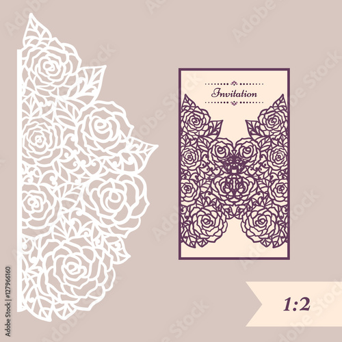 Wedding invitation or greeting card with abstract ornament. Vector envelope template for laser cutting. Paper cut card with silhouette. Cutout silhouette panel. Cutting file