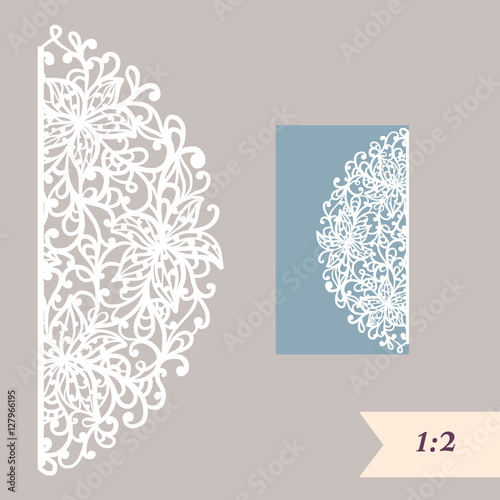 Wedding invitation or greeting card with abstract ornament. Vector envelope template for laser cutting. Paper cut card with silhouette. Cutout silhouette panel. Cutting file
