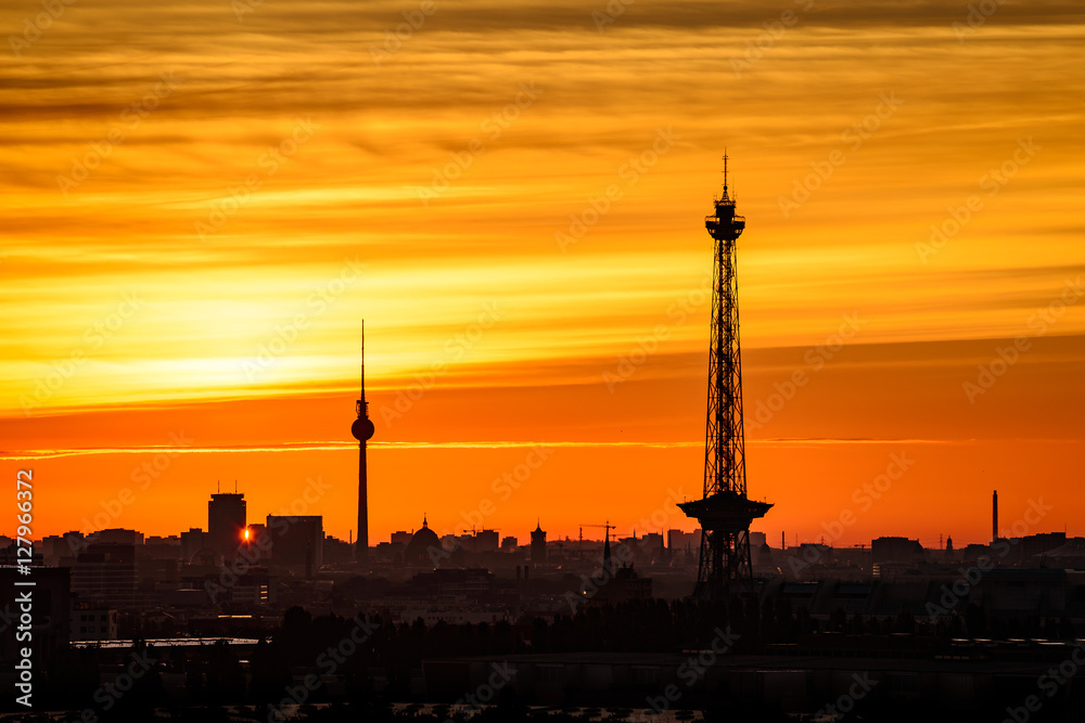 Berlin Sykline and orange sky in the morning at sunrise