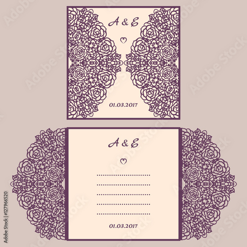 Wedding invitation or greeting card with abstract ornament. Vector envelope template for laser cutting. Paper cut card with silhouette. Cutout silhouette panel. Cutting file