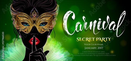 A mysterious lady in carnival mask put a finger on lips in a hush gesture. Beautiful concept design with hand drawn New Year lettering for greeting card, party invitation banner or flyer.