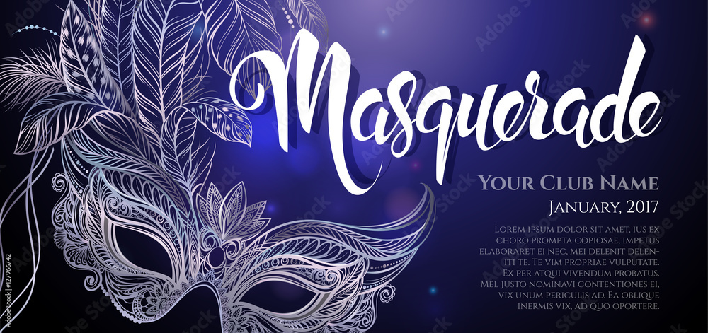 Vector Illustration. Silver carnival mask with feathers. Beautiful concept design with hand drawn lettering "Masquerade" for greeting card, banner or flyer. - obrazy, fototapety, plakaty 
