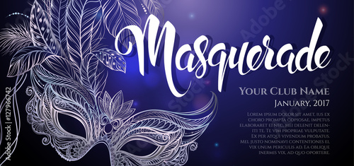 Vector Illustration. Silver carnival mask with feathers. Beautiful concept design with hand drawn lettering "Masquerade" for greeting card, banner or flyer.