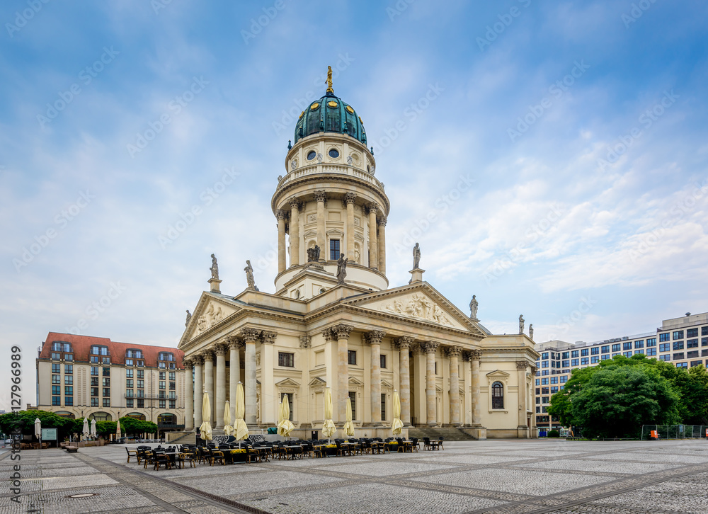 View on German Cathedral and trees on Gendarmenmarkt in Berlin, Germany, Europe