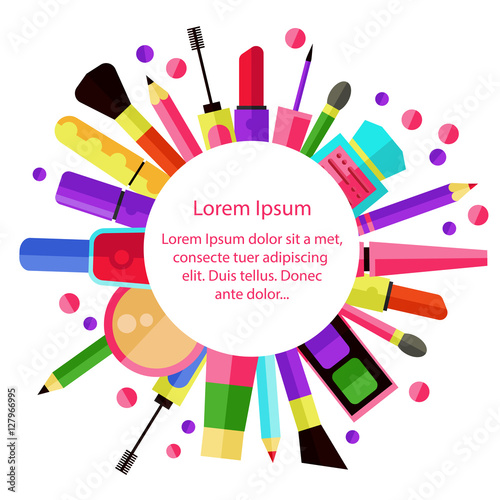 Cosmetics collection as round frame flat women cosmetics collection