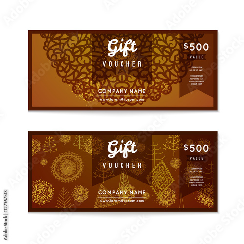 Voucher, Gift certificate and Coupon template. Floral, vintage ornament, christmas tree. Background design for invitation, ticket, banknote, money design, currency, check. Bright gold Vector